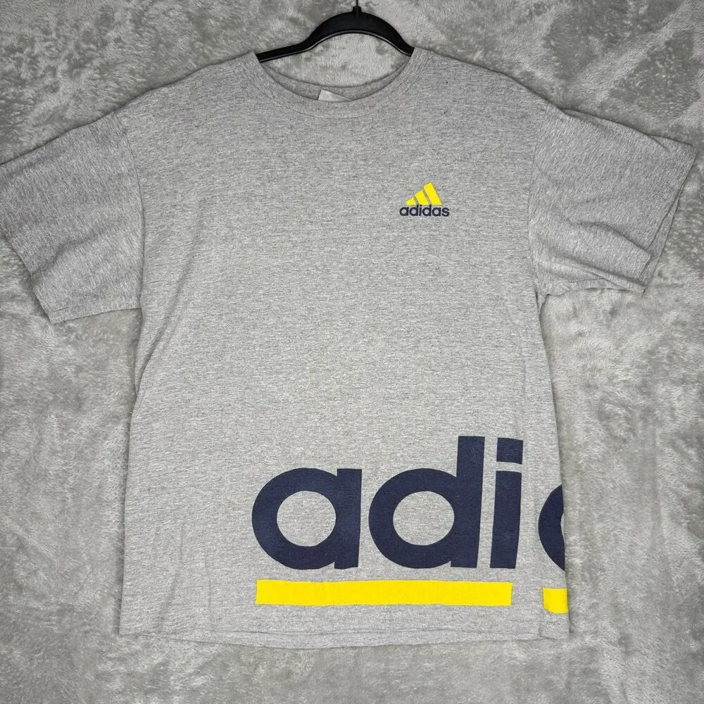 Vtg Adidas T-Shirt Mens Medium Gray Spellout Logo Wrap Around Crewneck Tee Y2K